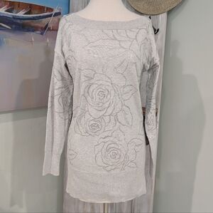 WHBM Gray Sweater With Silver Rose Pattern